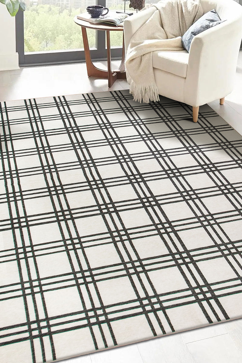 Plaid Black and Cream Washable Rug