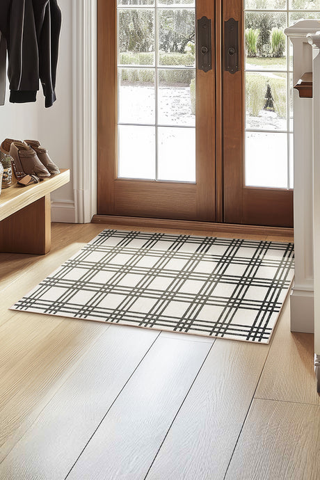 Plaid Black and Cream Washable Rug