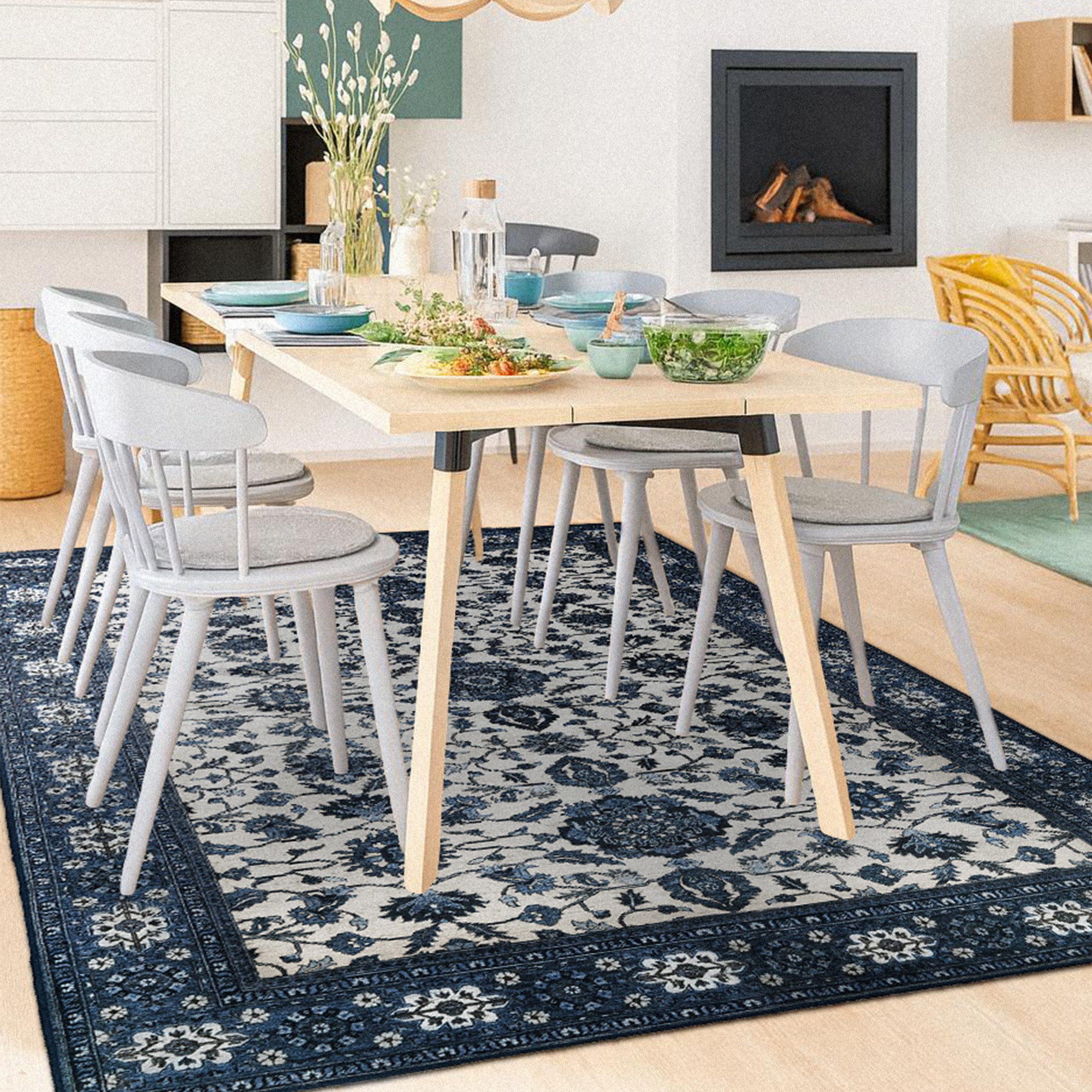 Ramage Blue Dining Room Washble Rug