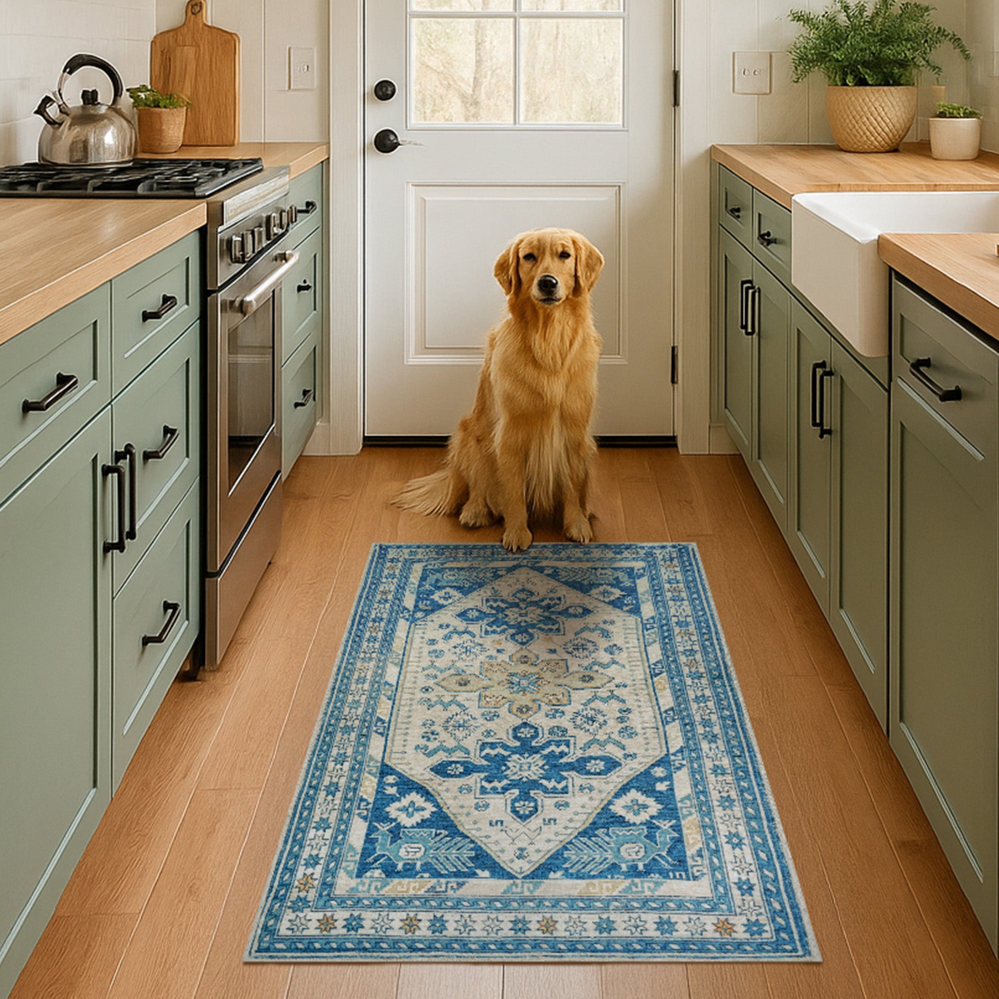 Saraz Blue Kitchen Washable Rug
