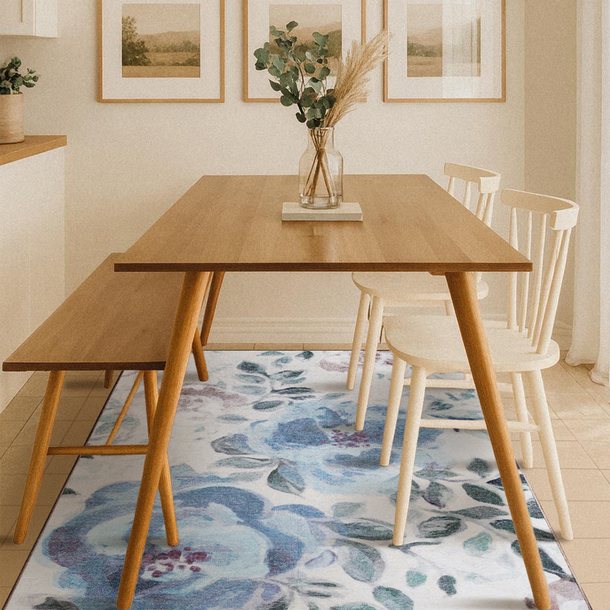 Sasha Floral Cream Blue Dining Room Washble Rug