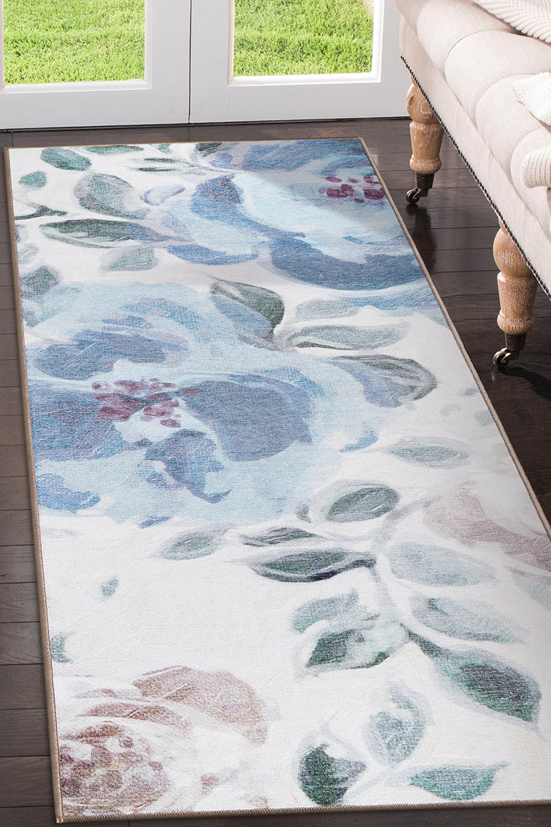 Sasha Floral Cream Blue Washable Rug