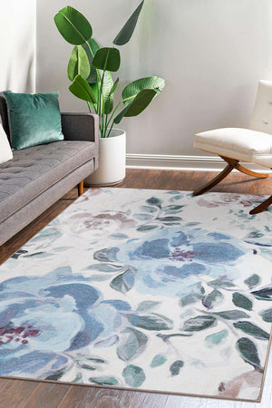 Sasha Floral Cream Blue Washable Rug