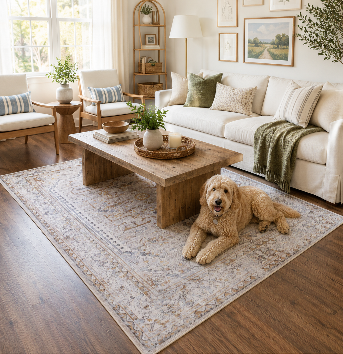 A large beige and cream patterned area rug in a bright, modern living room with a light wood coffee table, white sofa, and a golden retriever lying on the floor.
