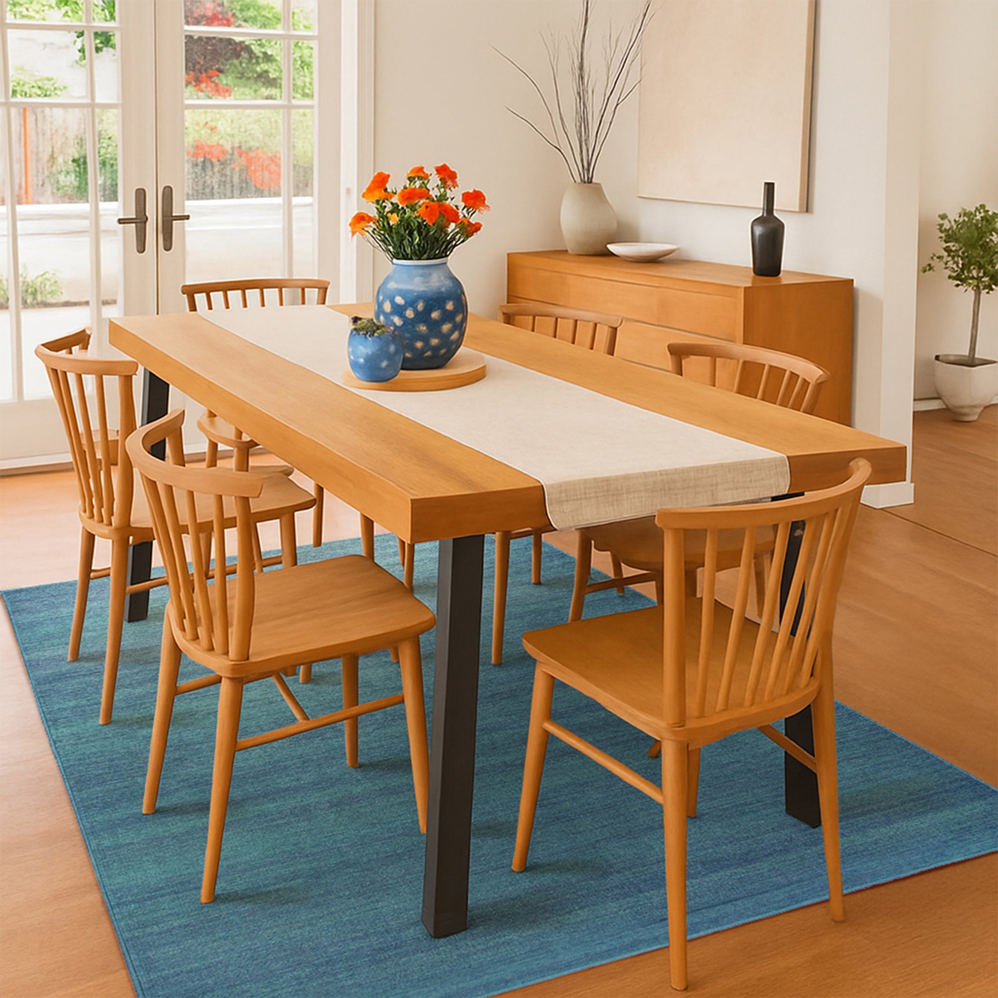 Solid Blue Dining Room Washble Rug