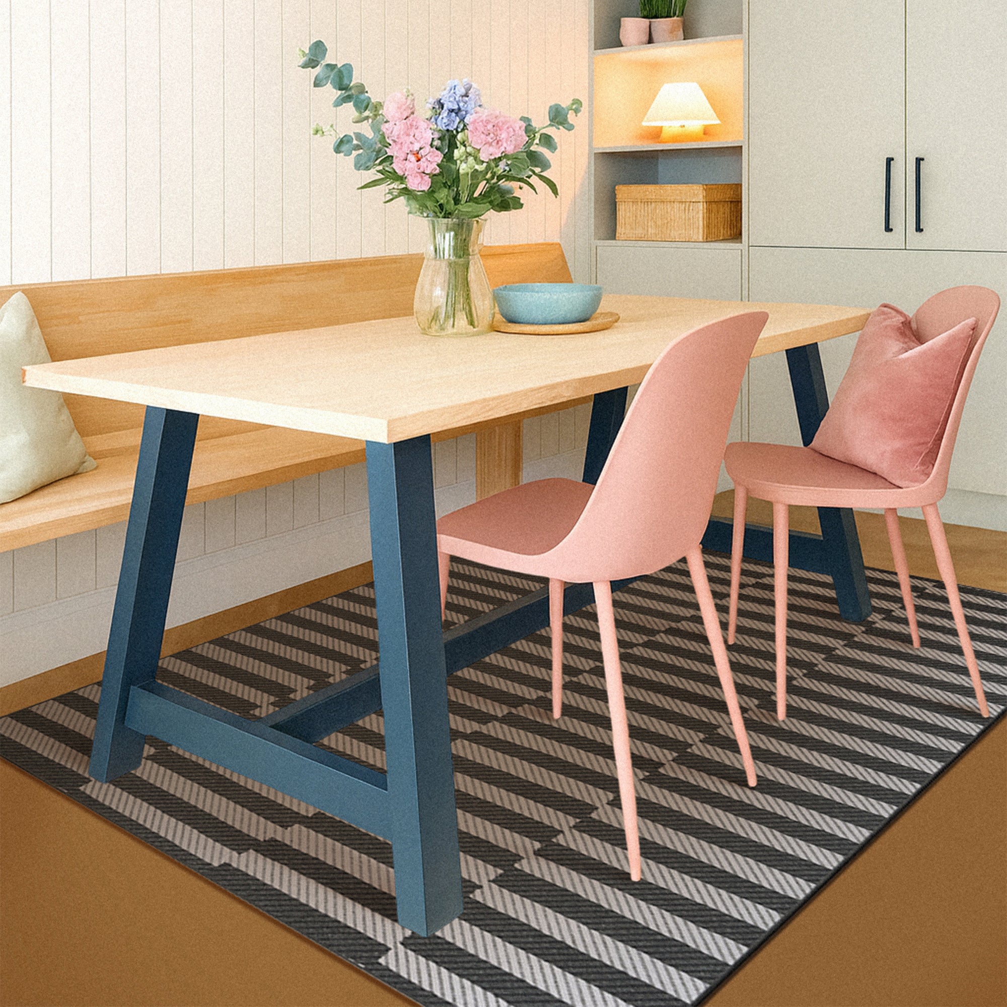 Tratti Offset Stripe Black Dining Room Washble Rug