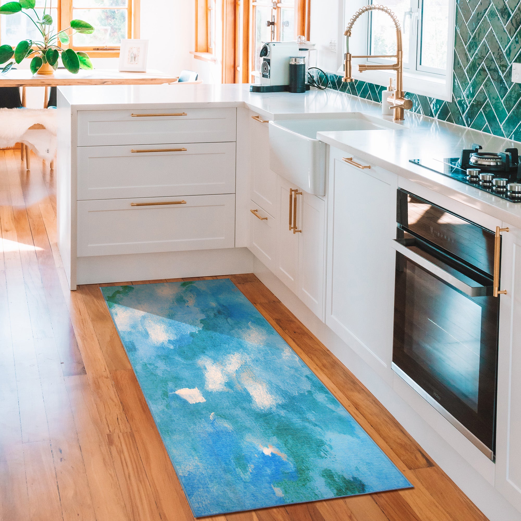 Watercolor Aqua Kitchen Washable Rug