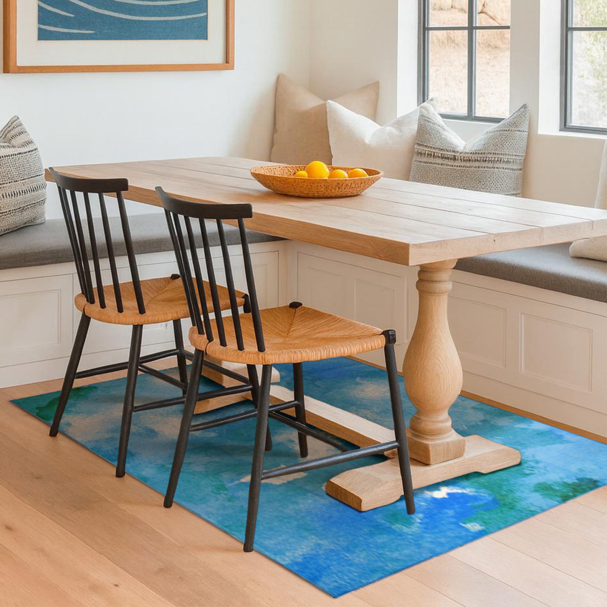 Watercolor Aqua Dining Room Washble Rug