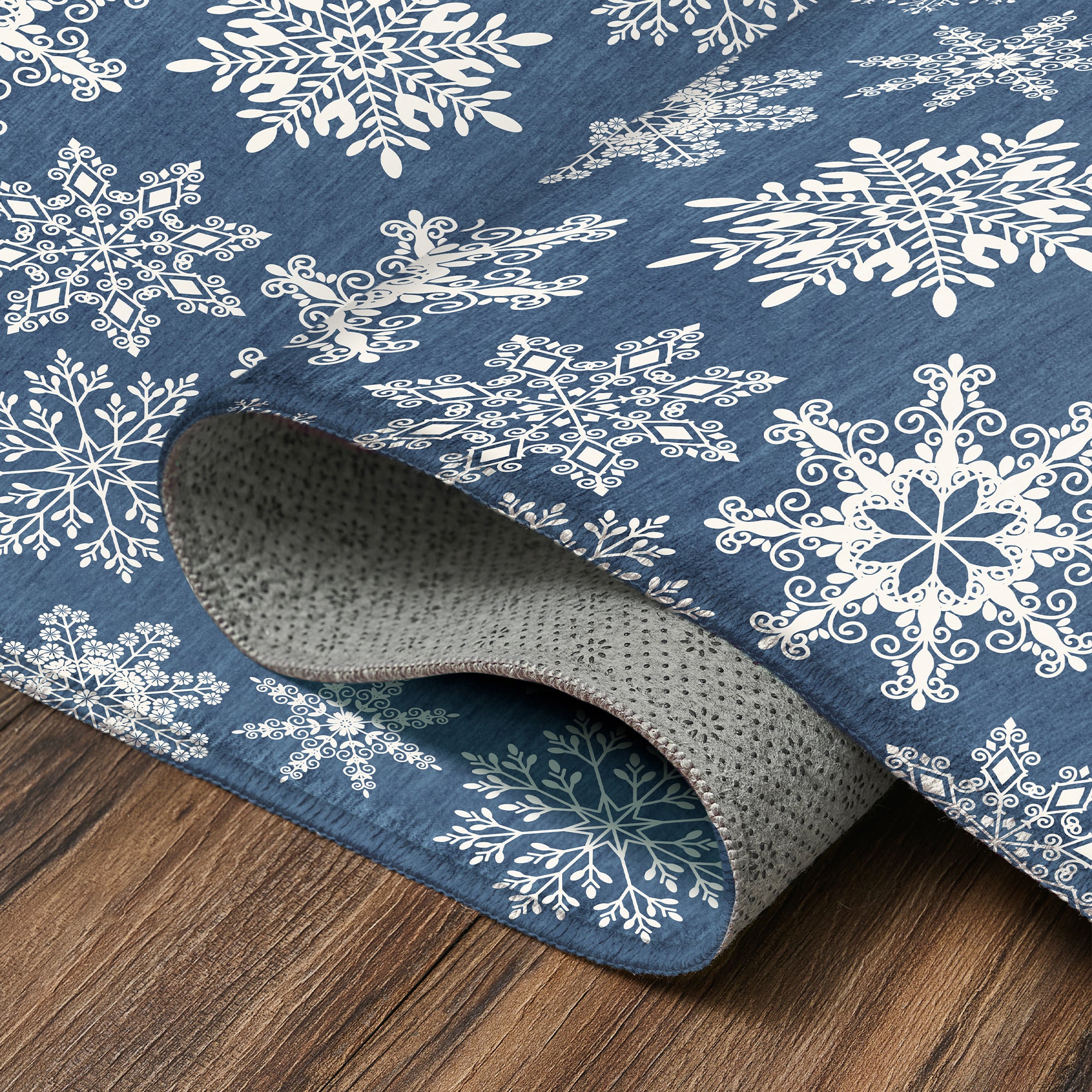 Holiday Winter Christmas Snowflakes Blue Machine Washable Rug