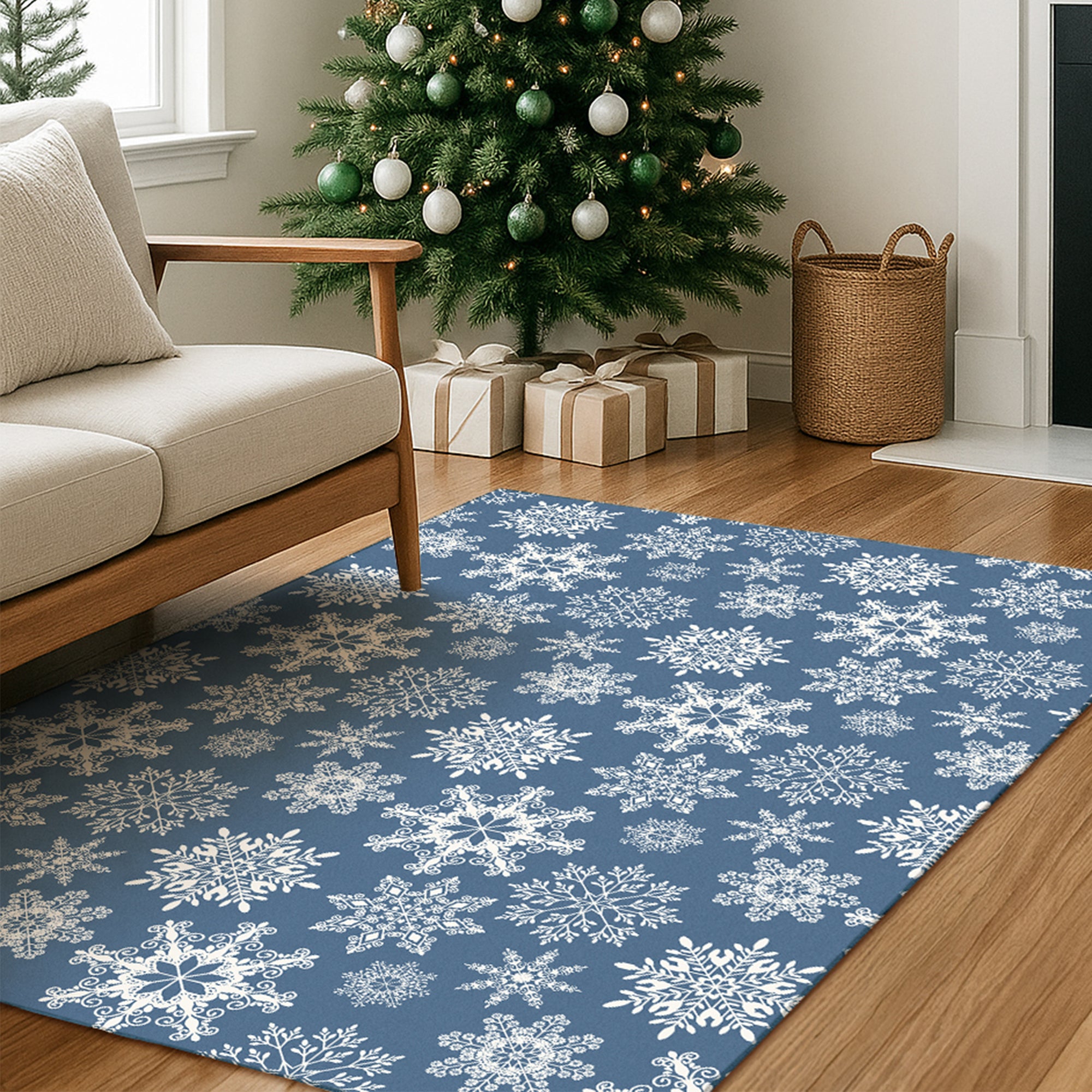 Holiday Winter Christmas Snowflakes Blue Machine Washable Rug
