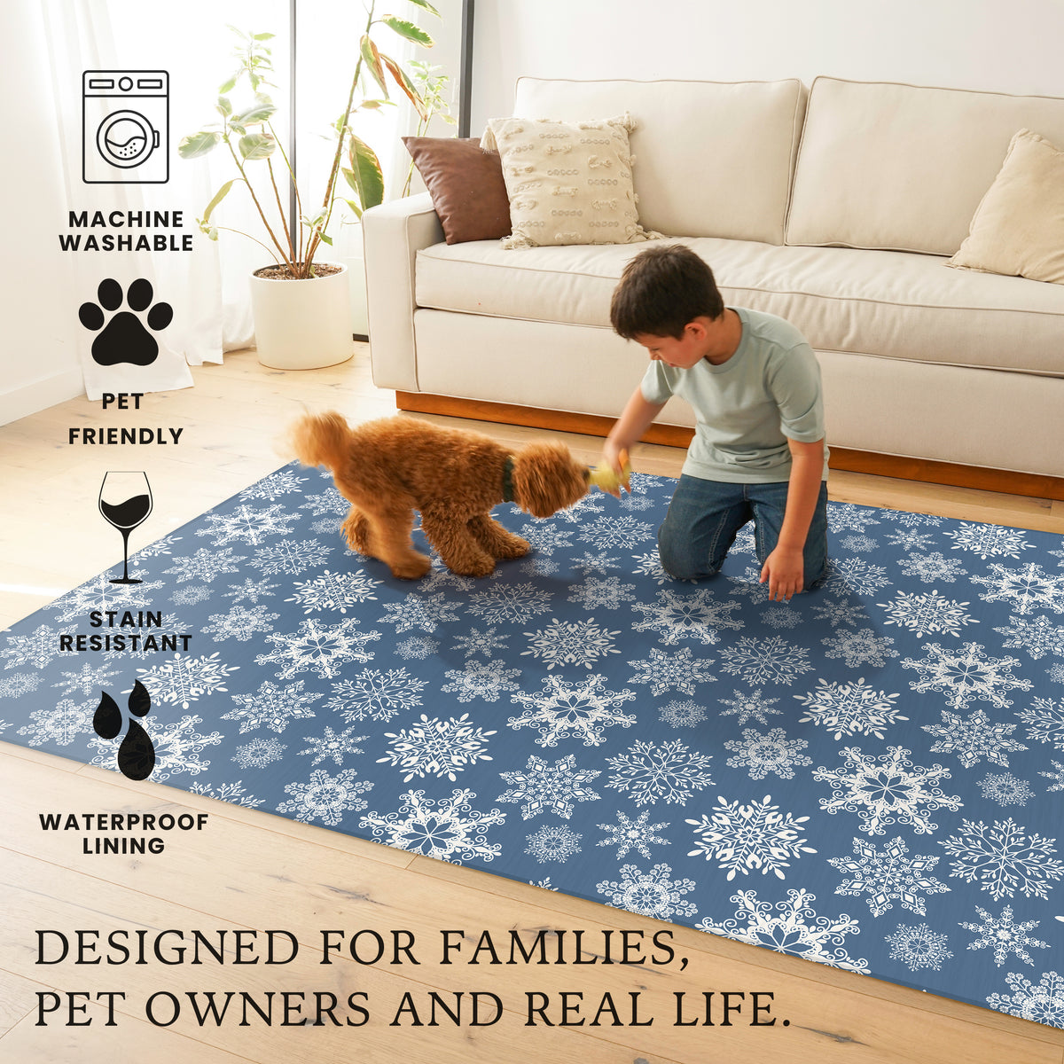 Holiday Winter Christmas Snowflakes Blue Machine Washable Rug