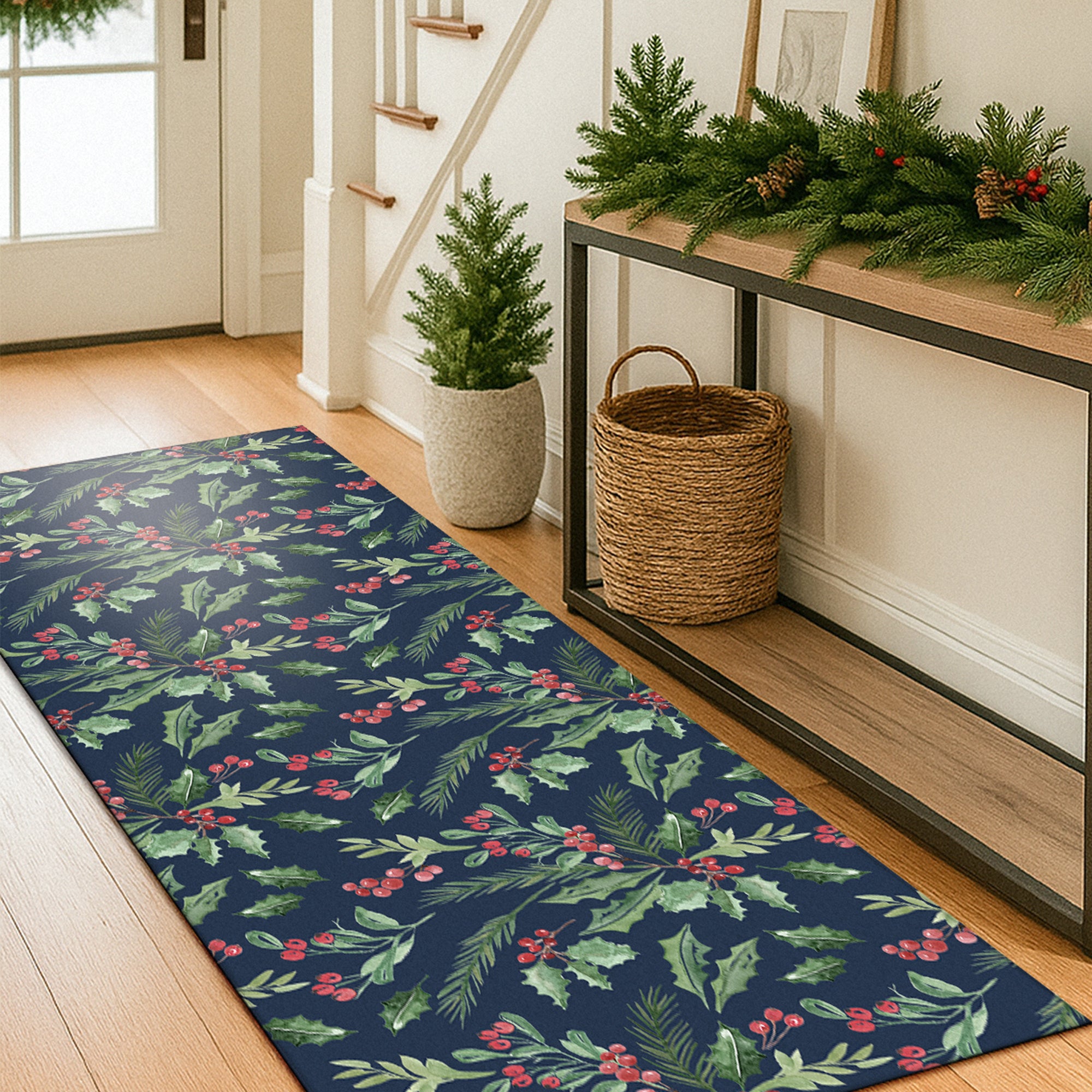 Holiday Winter Christmas Tradition Green Holly & Red Berries Machine Washable Rug