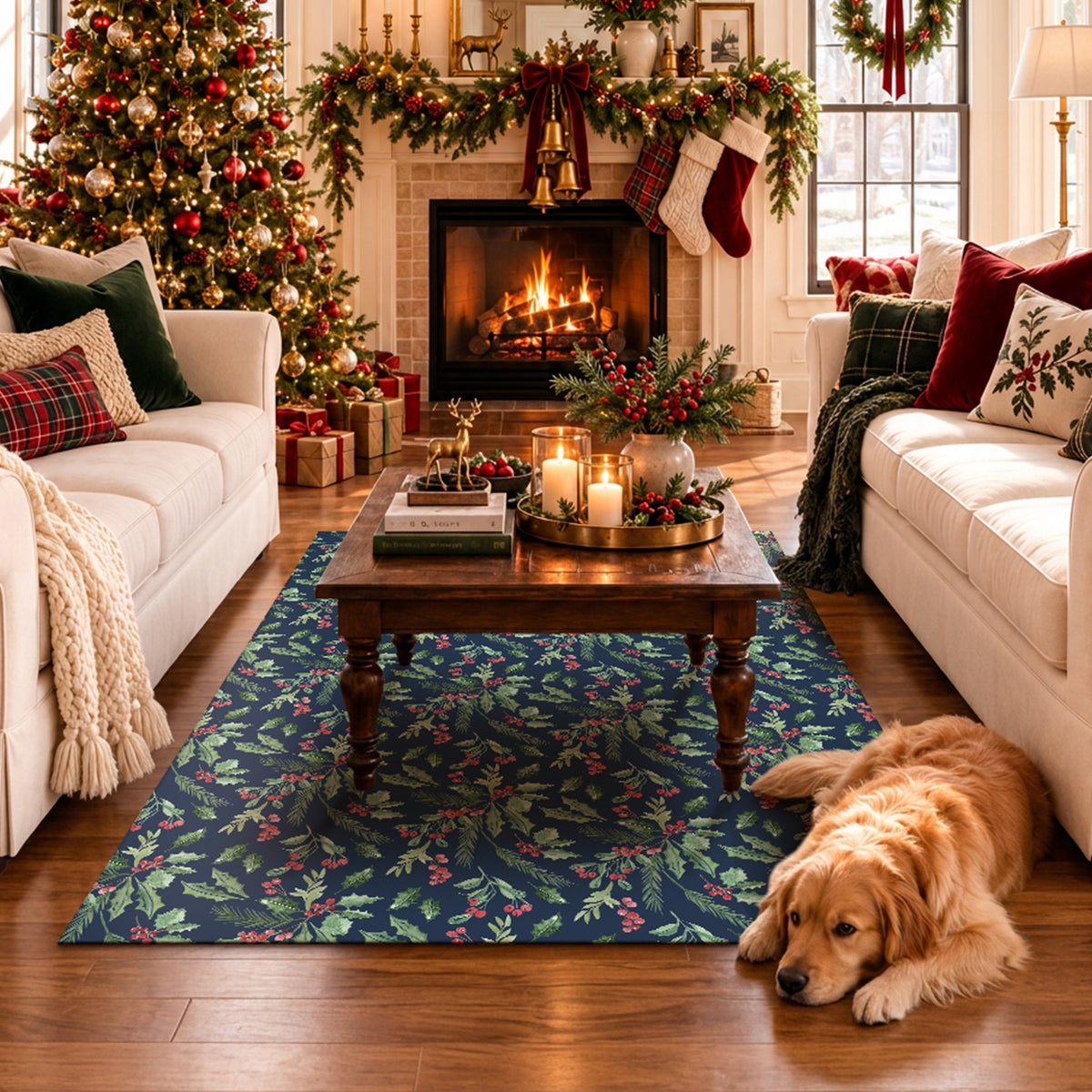 Holiday Winter Christmas Tradition Green Holly & Red Berries Machine Washable Rug