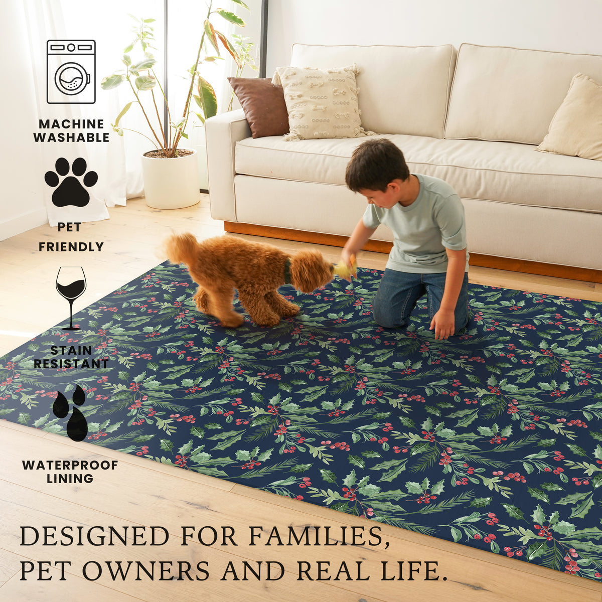 Holiday Winter Christmas Tradition Green Holly & Red Berries Machine Washable Rug