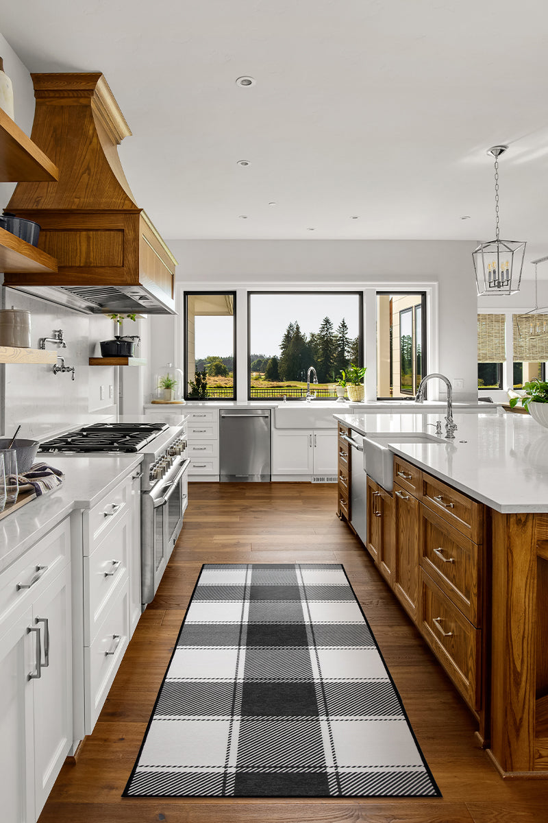 Buffalo Plaid Black and White Kitchen Washable Rug