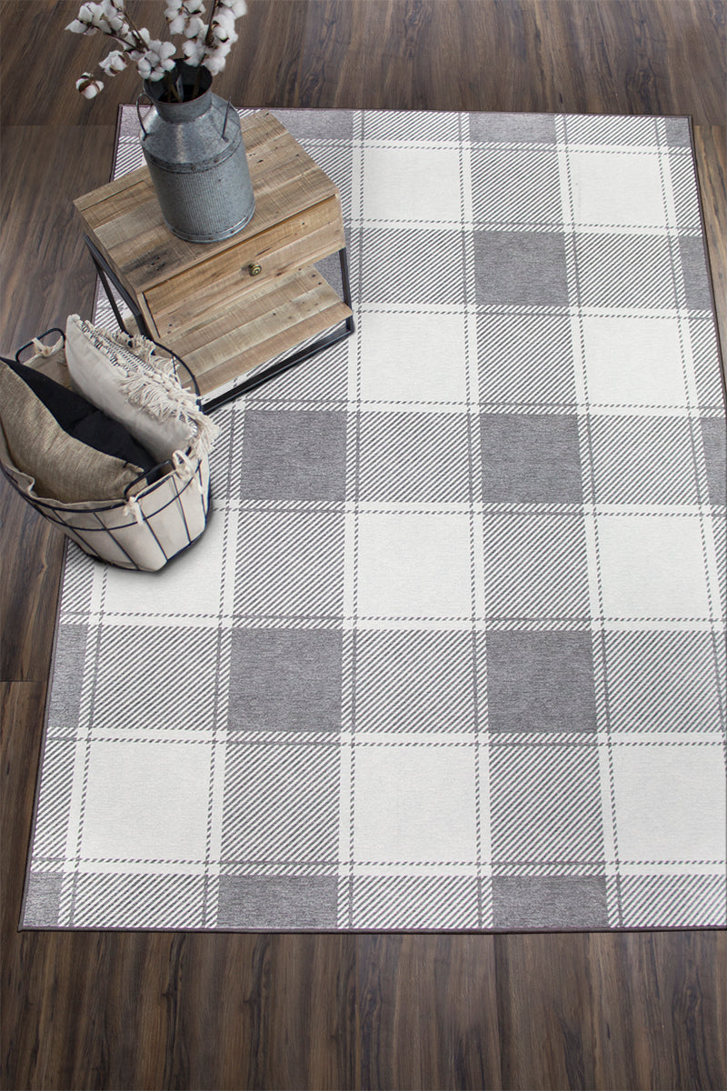 Buffalo Plaid Grey and White Washable Rug