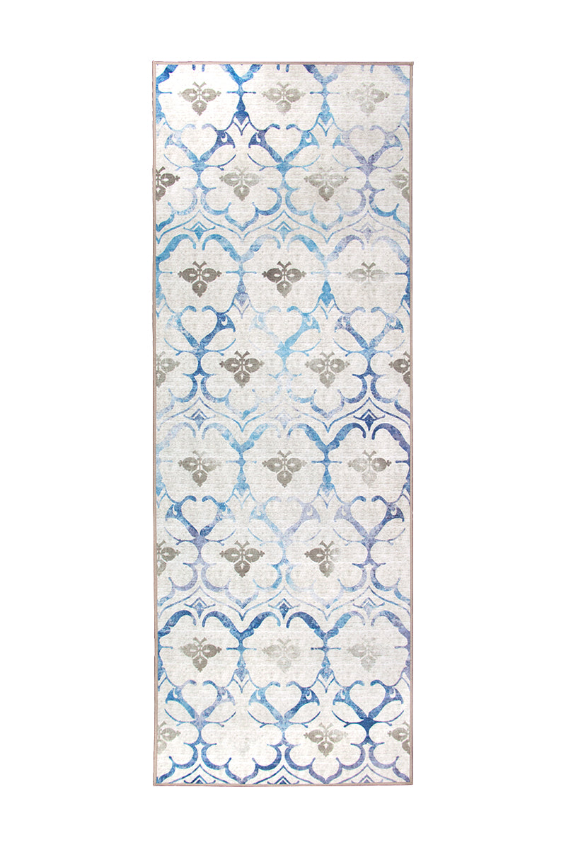 Leilani Damask Beige Blue Washable Rug