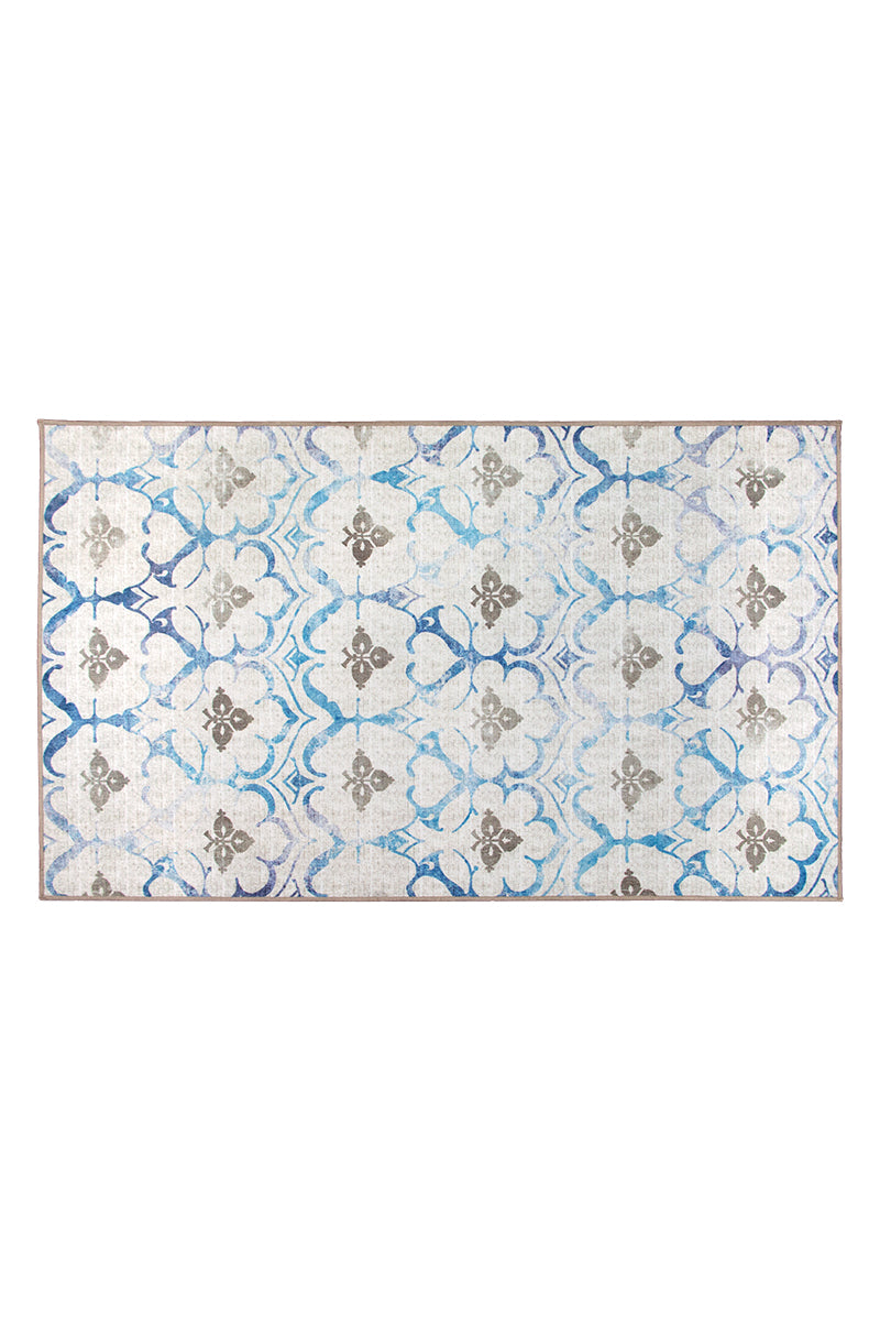 Leilani Damask Beige Blue Washable Rug