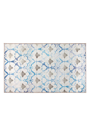 Leilani Damask Beige Blue Washable Rug