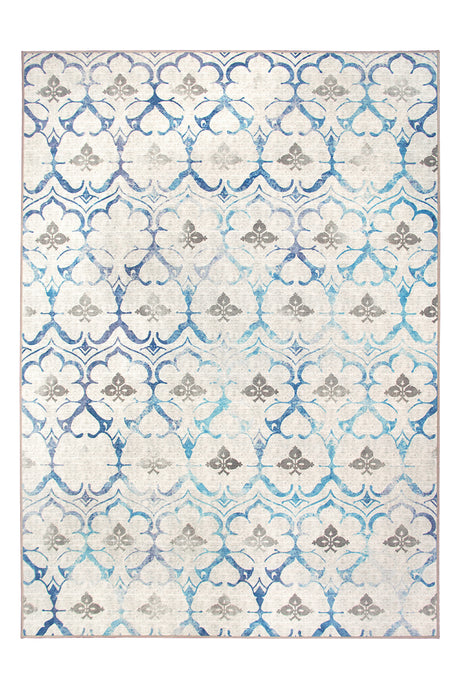 Leilani Damask Beige Blue Washable Rug