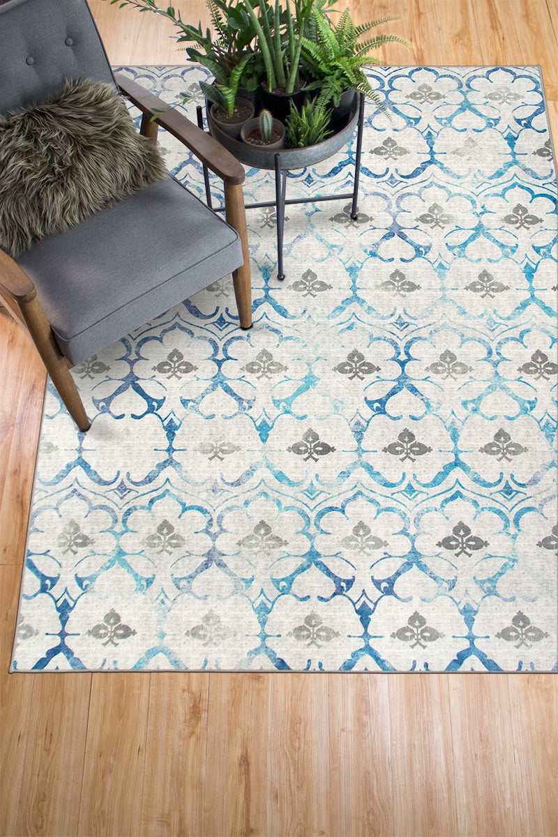 Leilani Damask Beige Blue Washable Rug