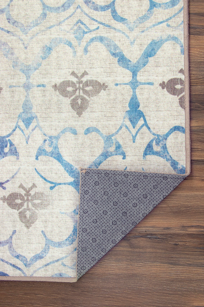 Leilani Damask Beige Blue Washable Rug