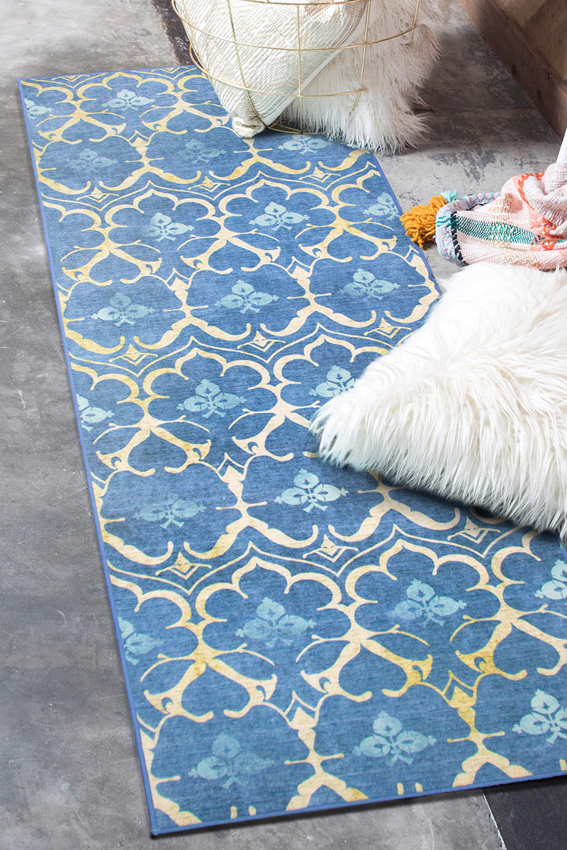 Leilani Damask Blue Washable Rug