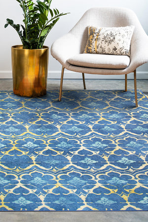 Leilani Damask Blue Washable Rug