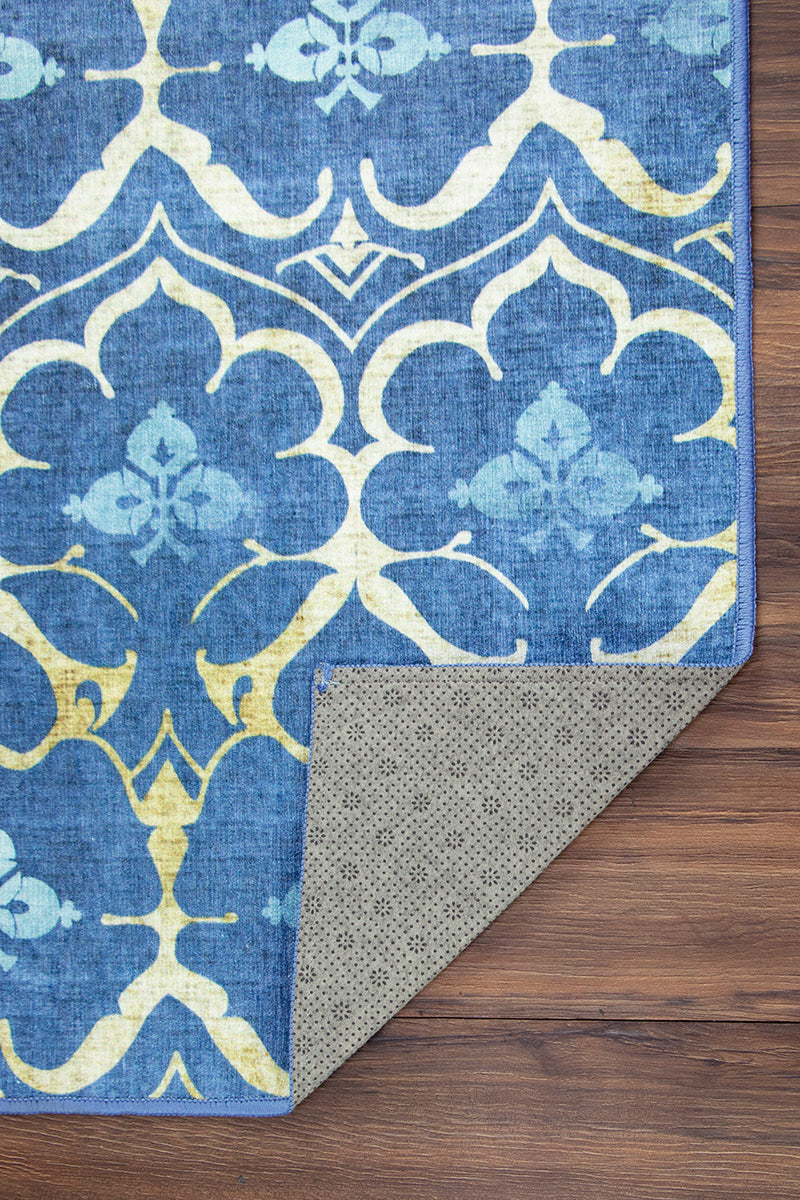 Leilani Damask Blue Washable Rug