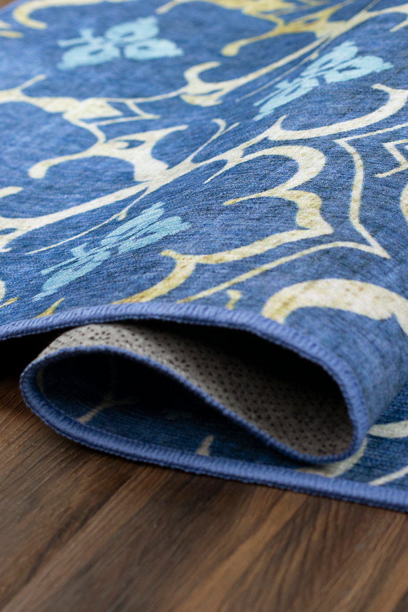 Leilani Damask Blue Washable Rug