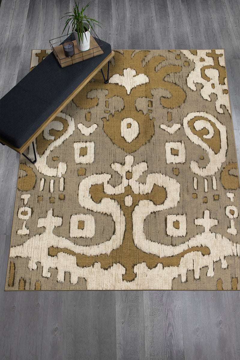 Ochre Ikat Grey Gold Washable Rug