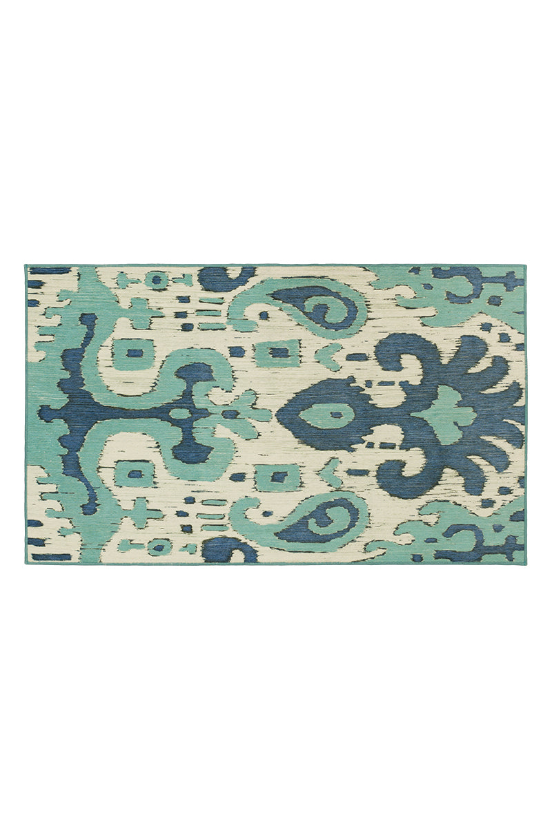 Ochre Ikat Steel Blue Washable Rug