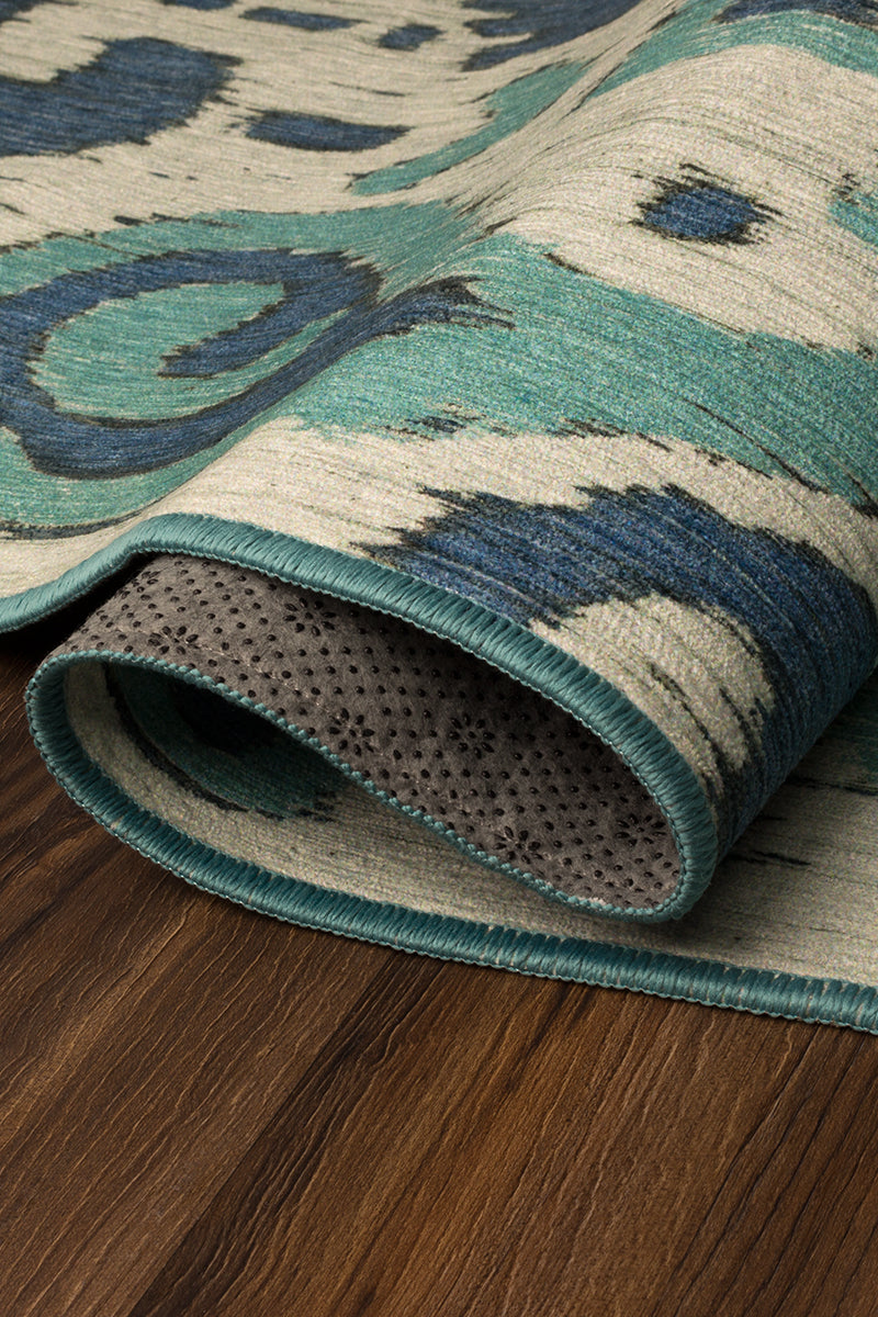 Ochre Ikat Steel Blue Washable Rug