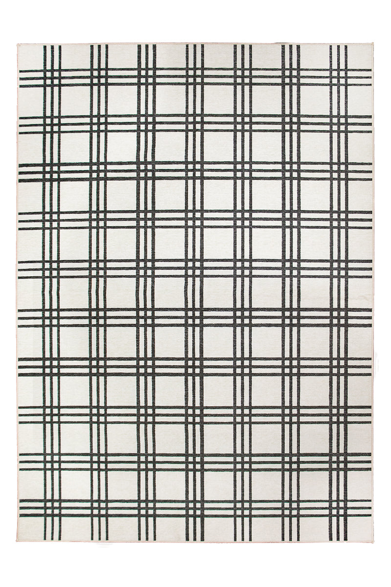 Plaid Black and Cream Washable Rug