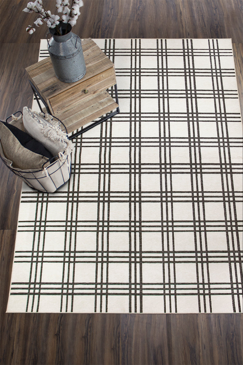 Plaid Black and Cream Washable Rug