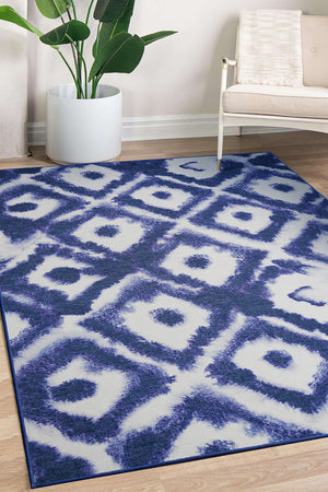 Shibori Geometric Diamond Blue Washable Rug