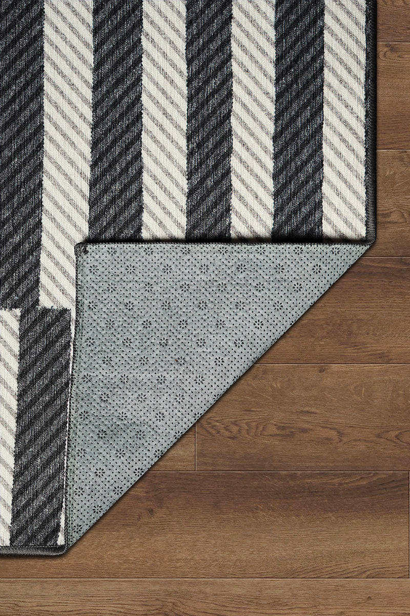 Tratti Offset Stripe Black Cream Washable Rug