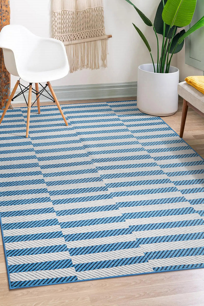 Tratti Offset Stripe Blue Washable Rug