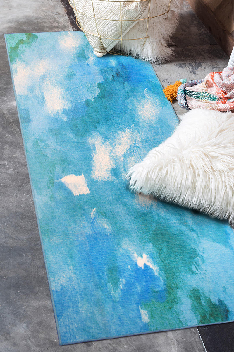 Watercolor Aqua Washable Rug